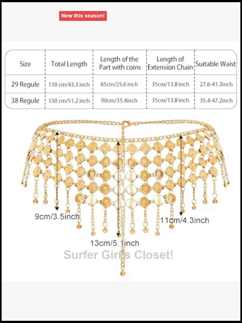 Belly Dance Hip Scarf Belt with Coins, Adjustable, Hook & Loop Closure